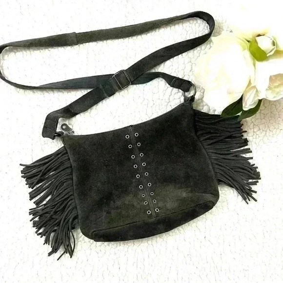 Minnetonka Dark Gray Boho Soft Suede W/ Fringe Adjustable Strap Crossbody Bag - Picture 1 of 15